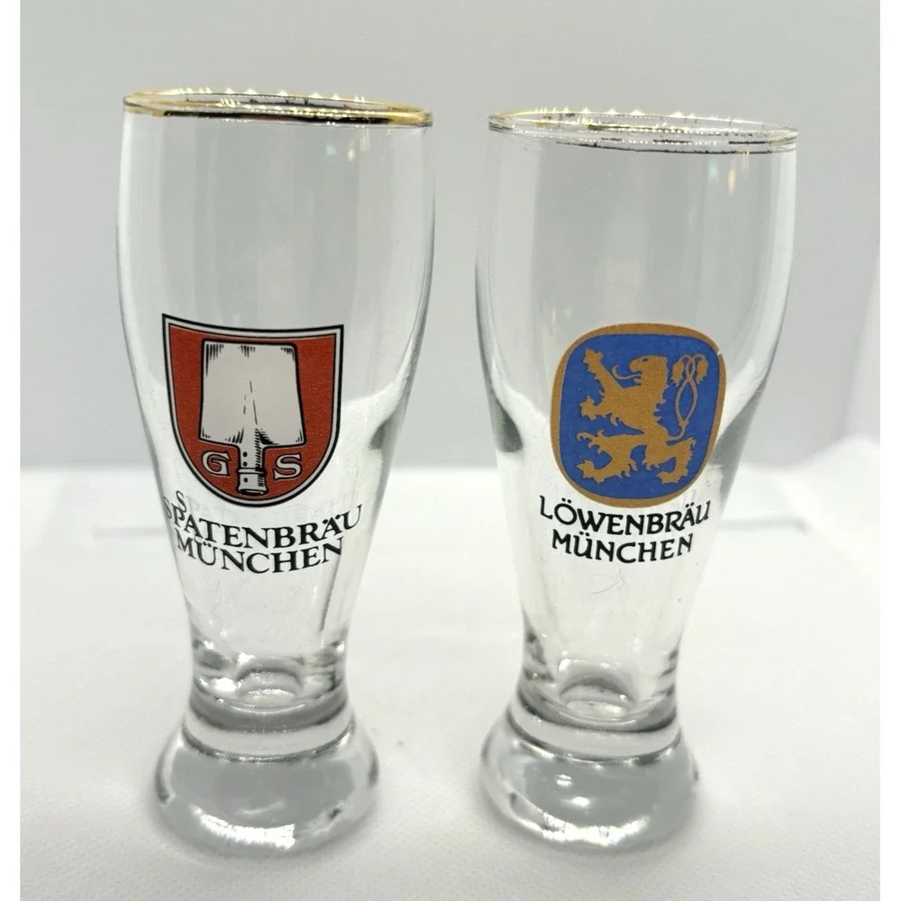 Lot of 2 German Brewery Shot Glasses‎ Spatenbräu & Löwenbräu München Gold Rim